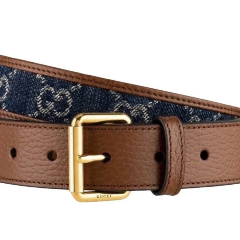 Gucci Brown Leather and Blue GG Denim Belt with Gold Buckle
